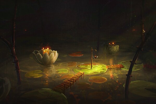 Minimalistic swamp with bridges and flashlights