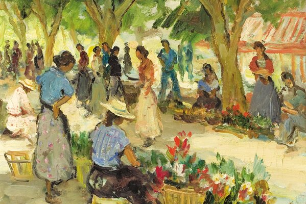 Peinture remplie de personnes au marché aux fleurs