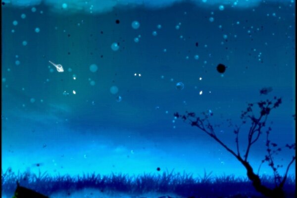 Картина горизонта с бликами неба и деревом в ночи