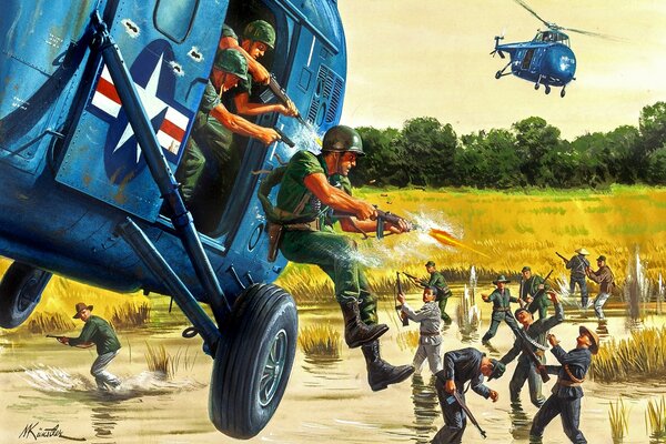 Ilustración de mort Kunstler aterrizando desde un helicóptero