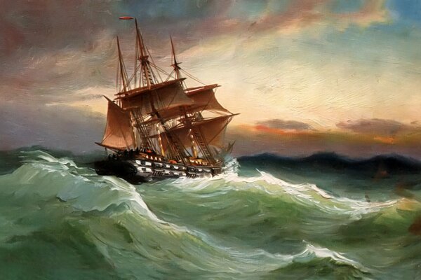 Hermoso barco en el mar tormentoso