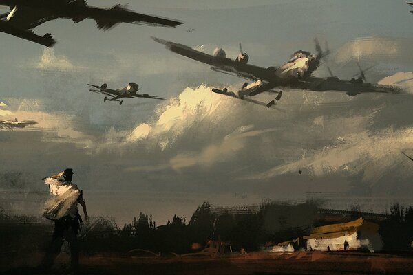 Арт война и самолёты в небе