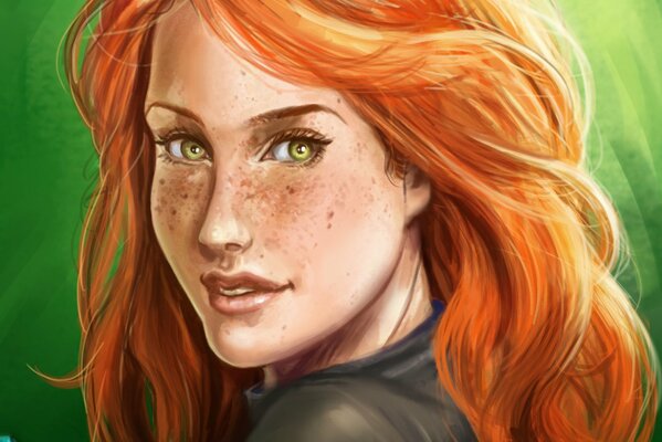 Drawing of a red-haired girl with green eyes