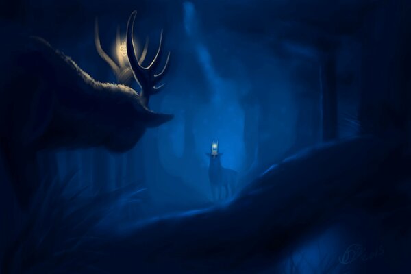 Art painting animals with a mysterious night forest