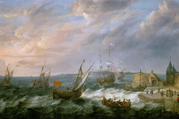 Landscape with the image of ships in a stormy sea