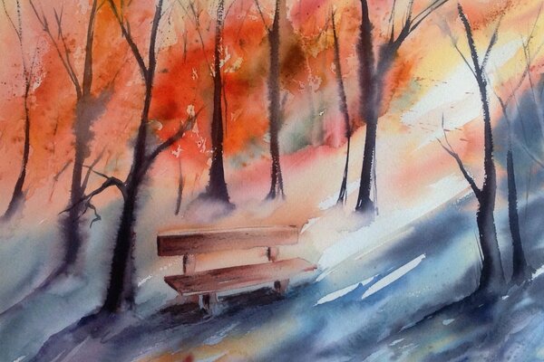 Herbstwald-Aquarellmalerei mit Bank