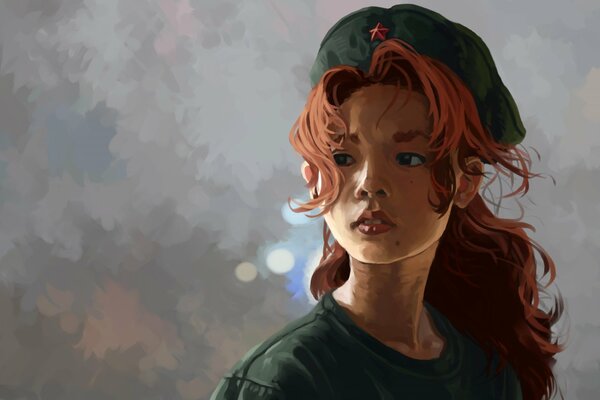 Drawing of a red-haired girl in a military beret