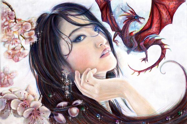 Drawing of a Japanese girl with a dragon