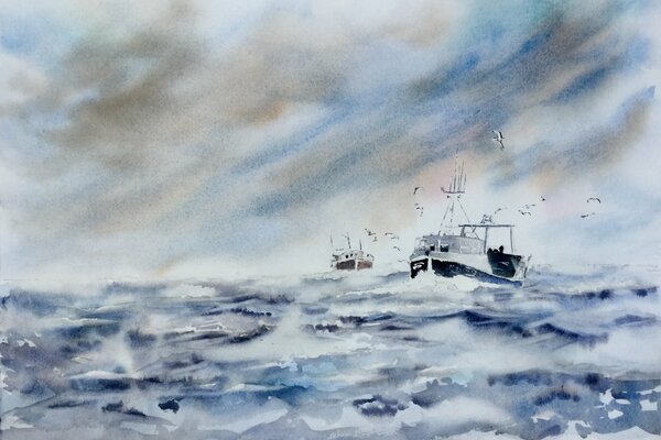 Drawing ships in a storm at sea