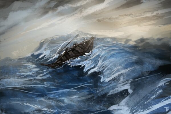 The wreckage of an old boat in the arms of a storm