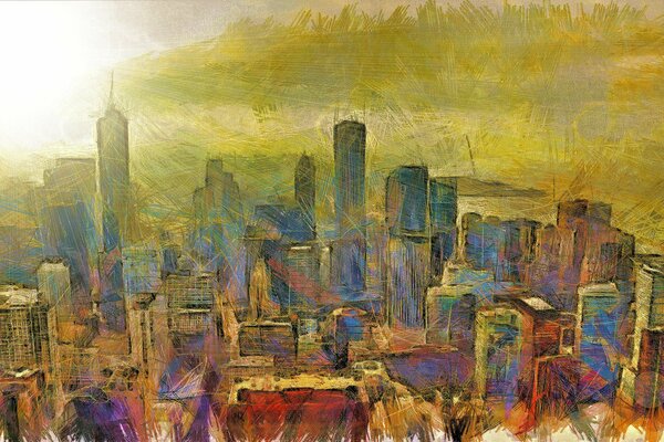 Drawing of the city with strokes on canvas