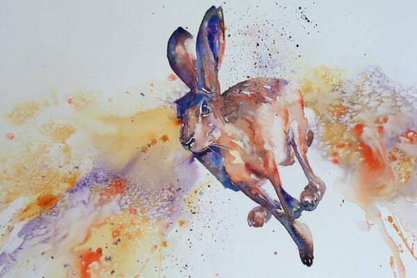 Watercolor painting the running hare