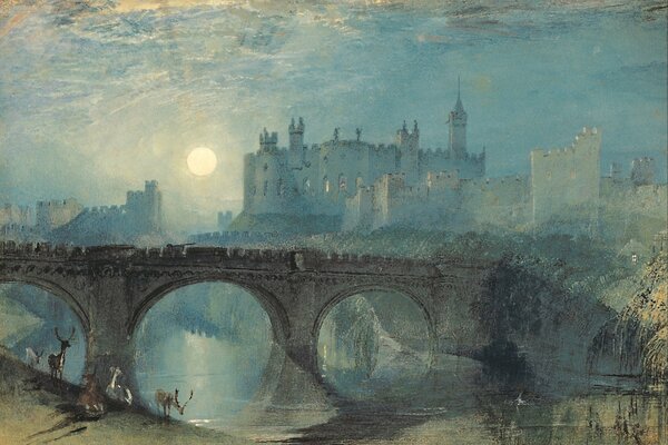 An ancient castle, a bridge, a river and deer bathed in cold moonlight