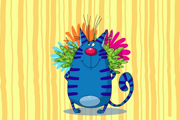 Art. Funny blue cat with a bouquet of flowers on his back