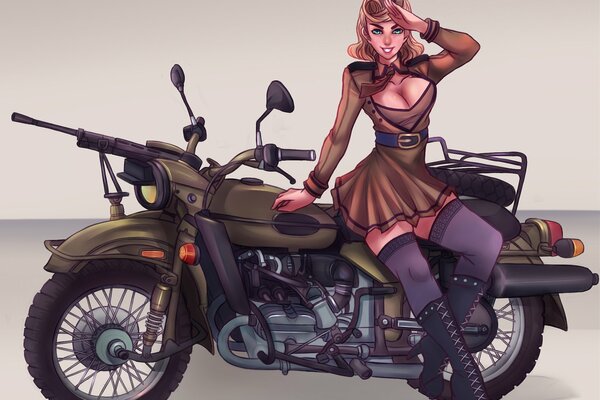 Drawing of a blonde girl on a motorcycle with a machine gun