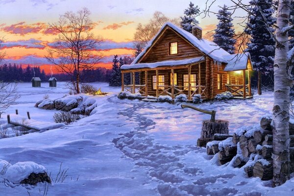 Landscape of a winter day. House. Lights. Evening