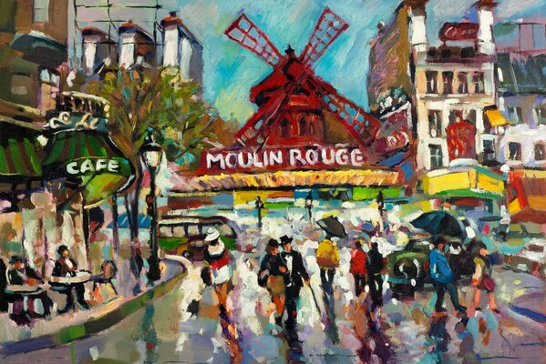 Francia. Cabaret Moulin Rouge y una Plaza con gente. Pintura.