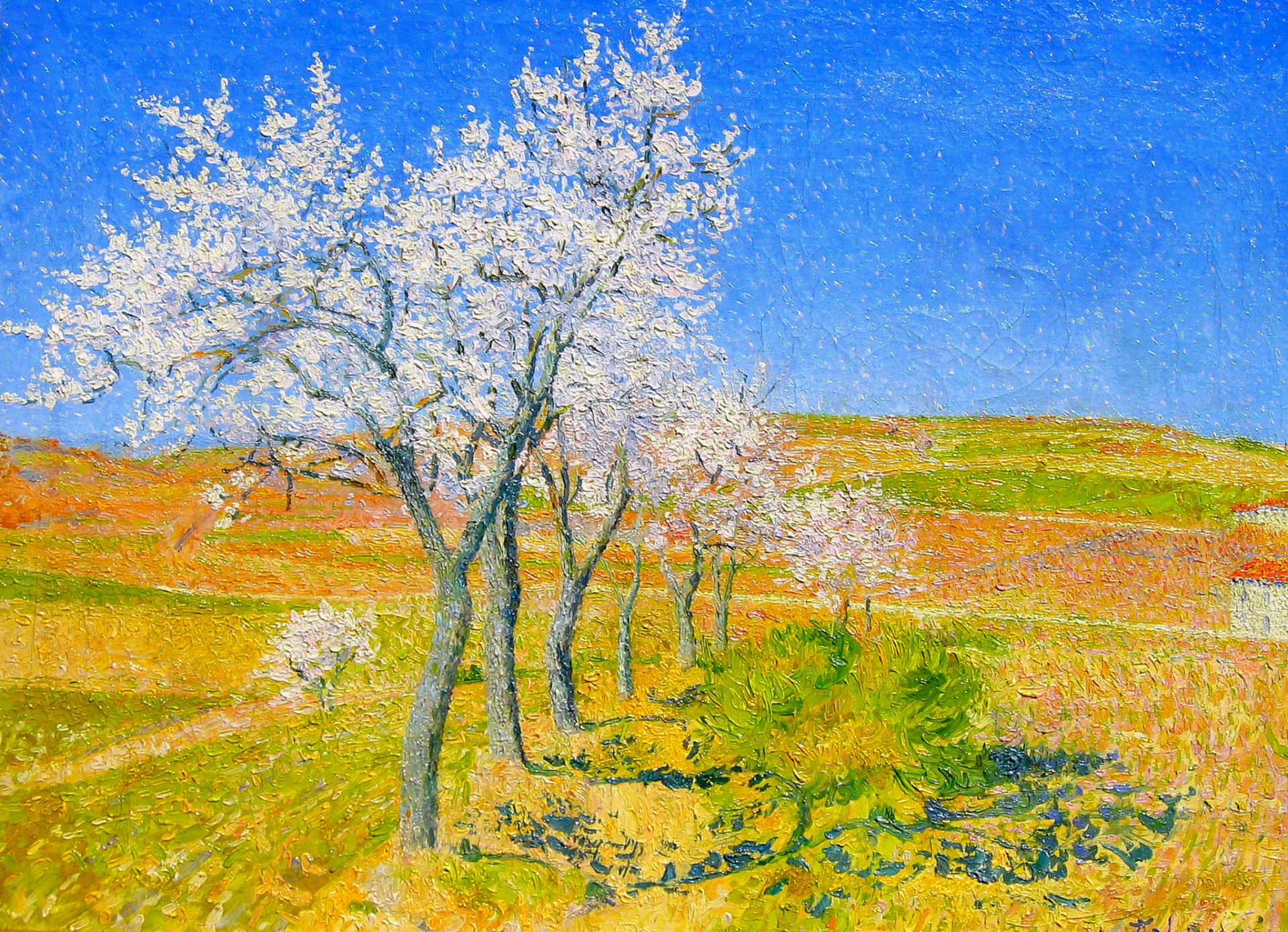 achille lauge pintura paisaje cielo campo casa árboles primavera