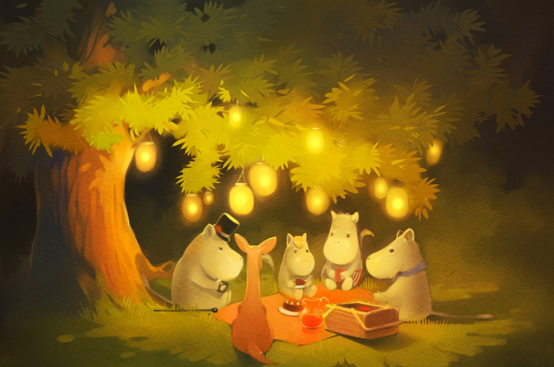 forêt soirée arbre lumières lumières moomin troll