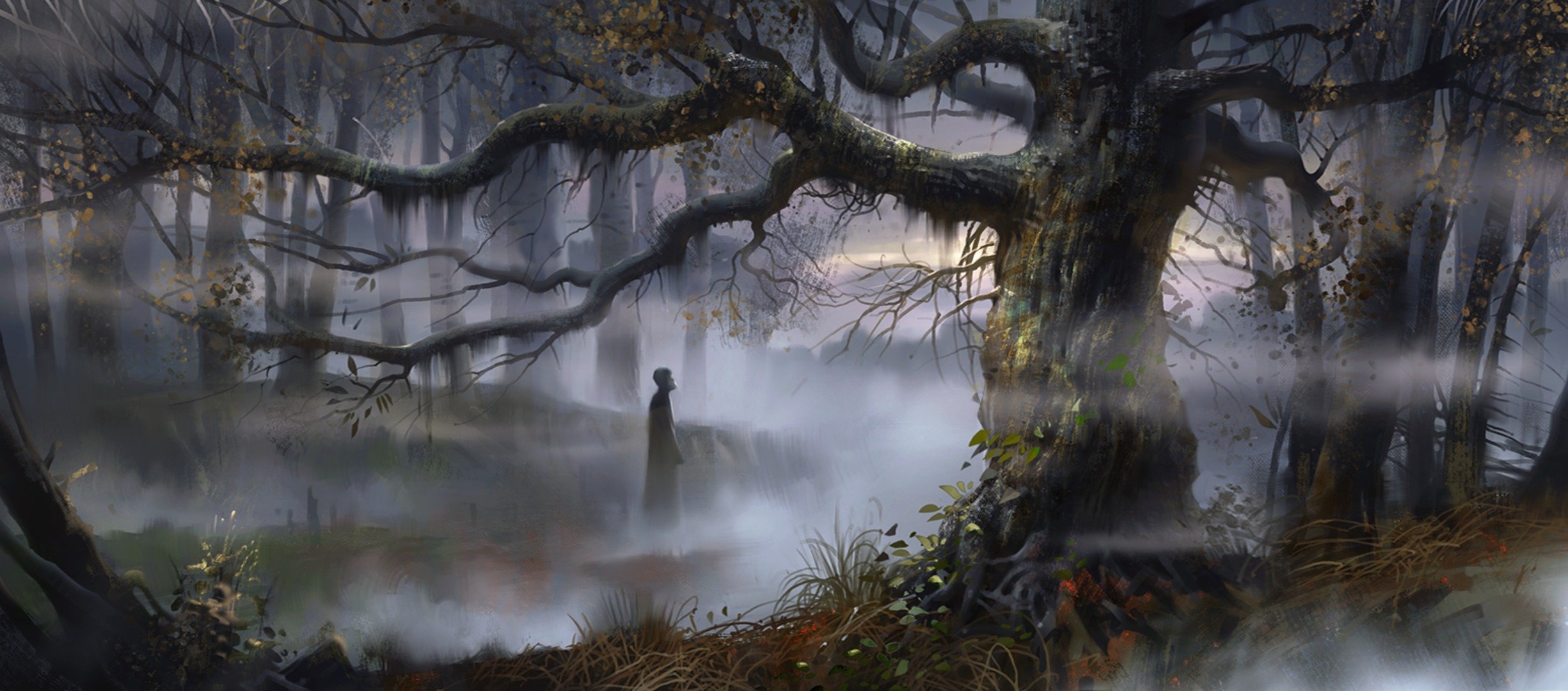 las mgła sztuka człowiek rus bagna drzewa