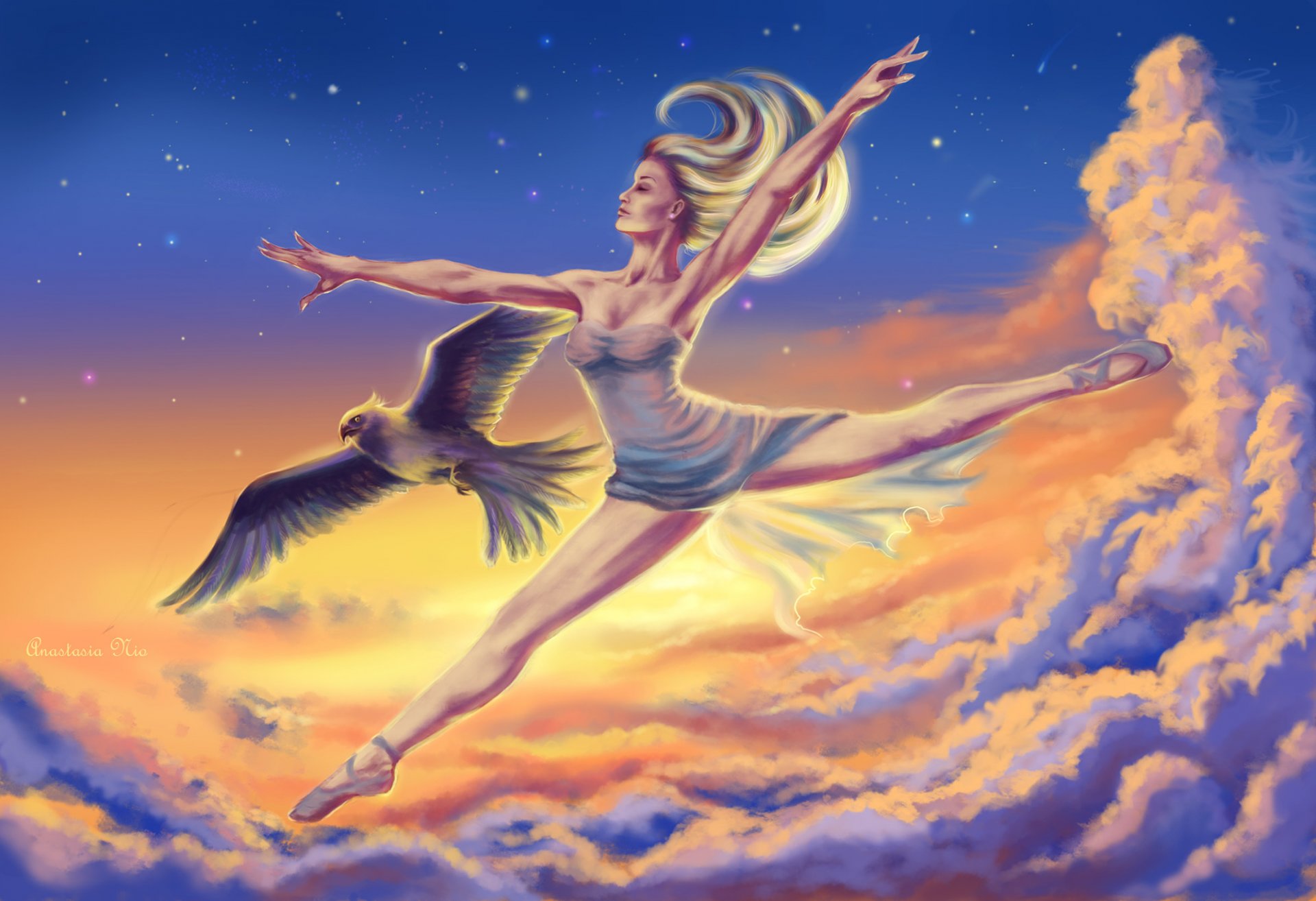 art fille ballerine profil cheveux oiseau ciel nuages