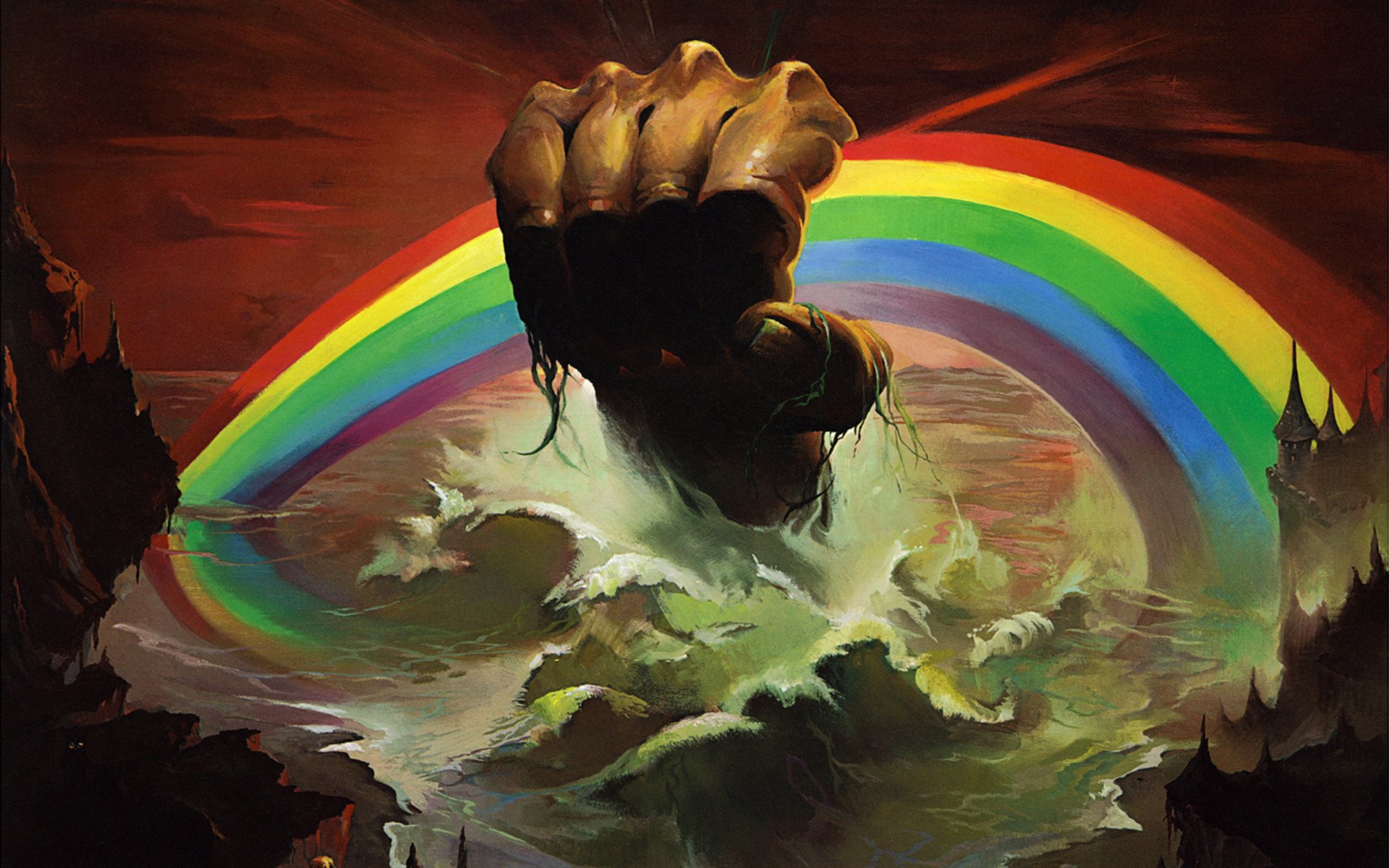 arco iris altura duro rock pesado metal 1976 richard hugh richie blackmore ronnie ronald james dio padavona arte castillo hecho a mano mar olas rocas montañas ken kelly búho arte dibujo padavona blackmore reinb