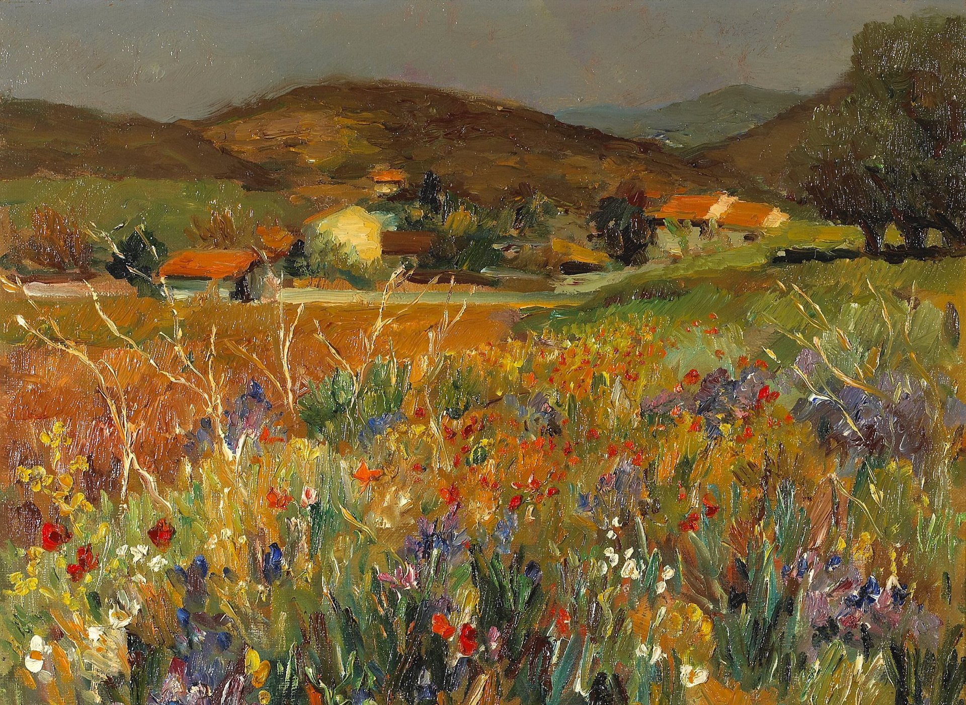 marcel dif campo de flores en provenza pintura paisaje montañas prado árboles casas