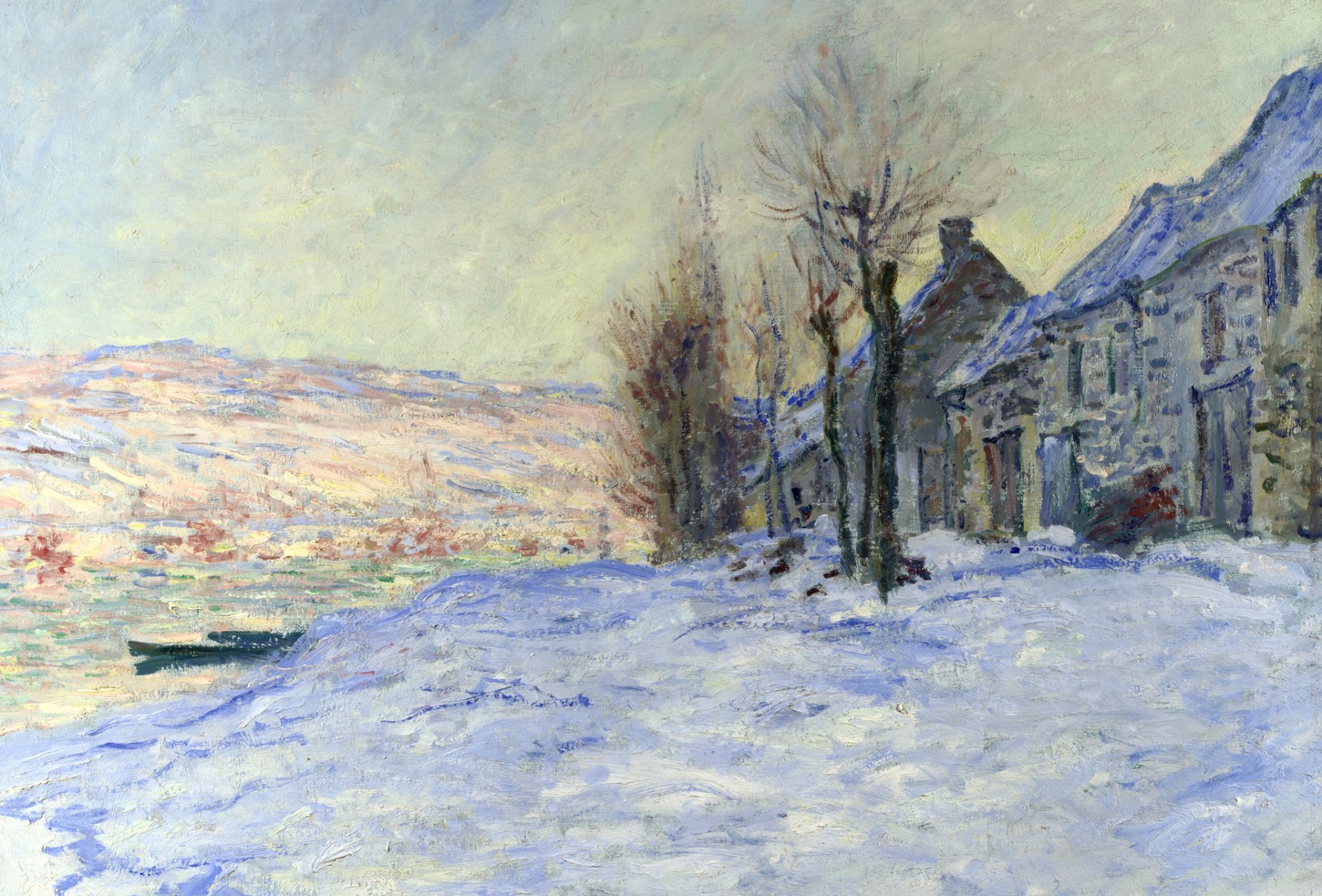 claude monet pittura paesaggio fiume barca inverno casa