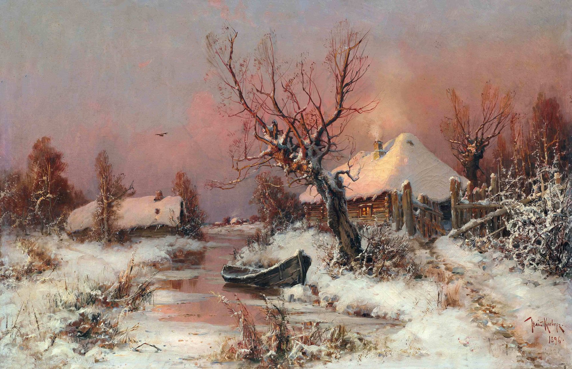 julio yulievich trébol paisaje de invierno con río invierno barco pueblo nieve casa cabaña cielo luz árbol río valla pájaro