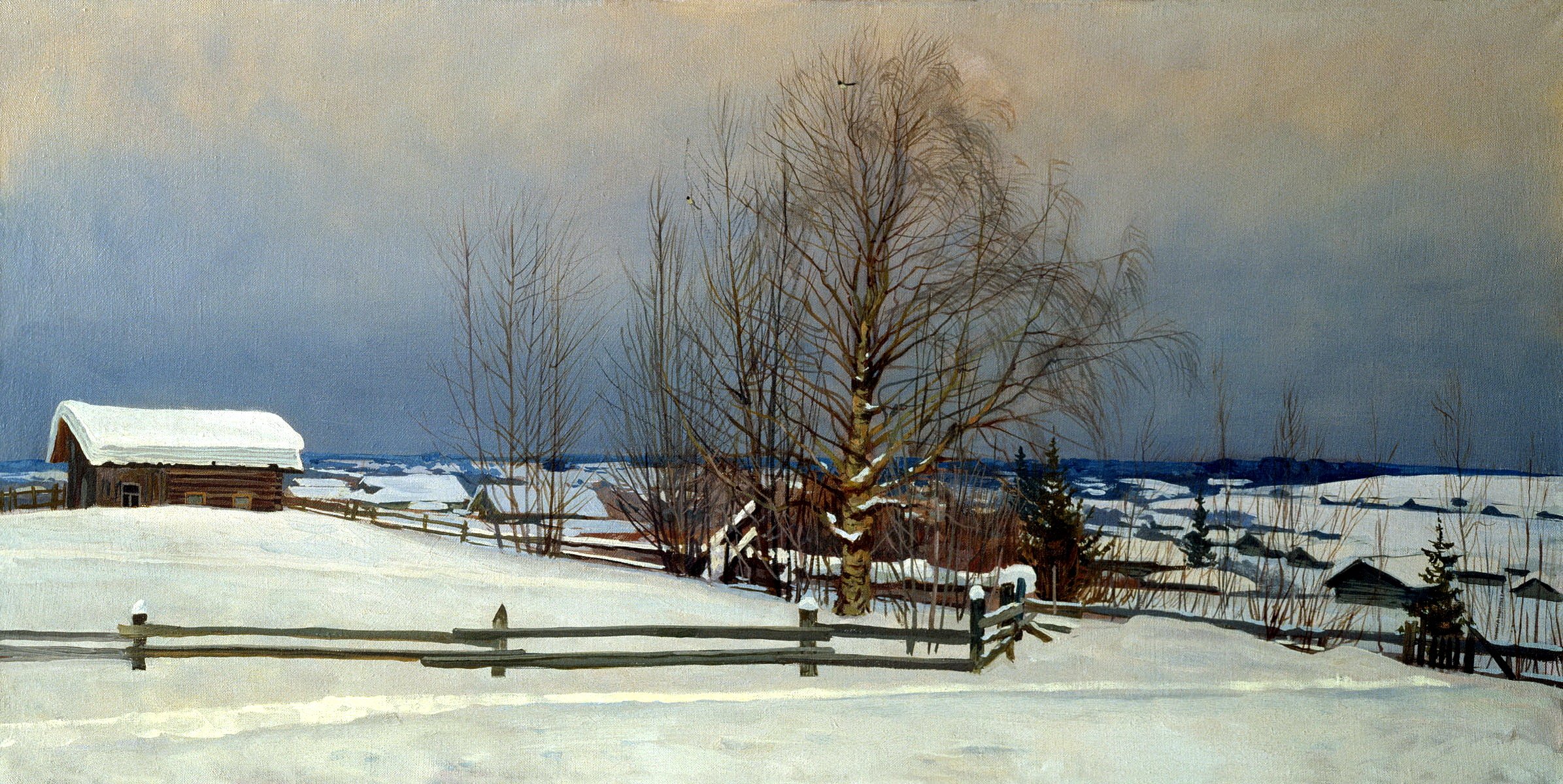 pintura anokhin nast de febrero pintura paisaje nieve cerca cabaña árboles cielo