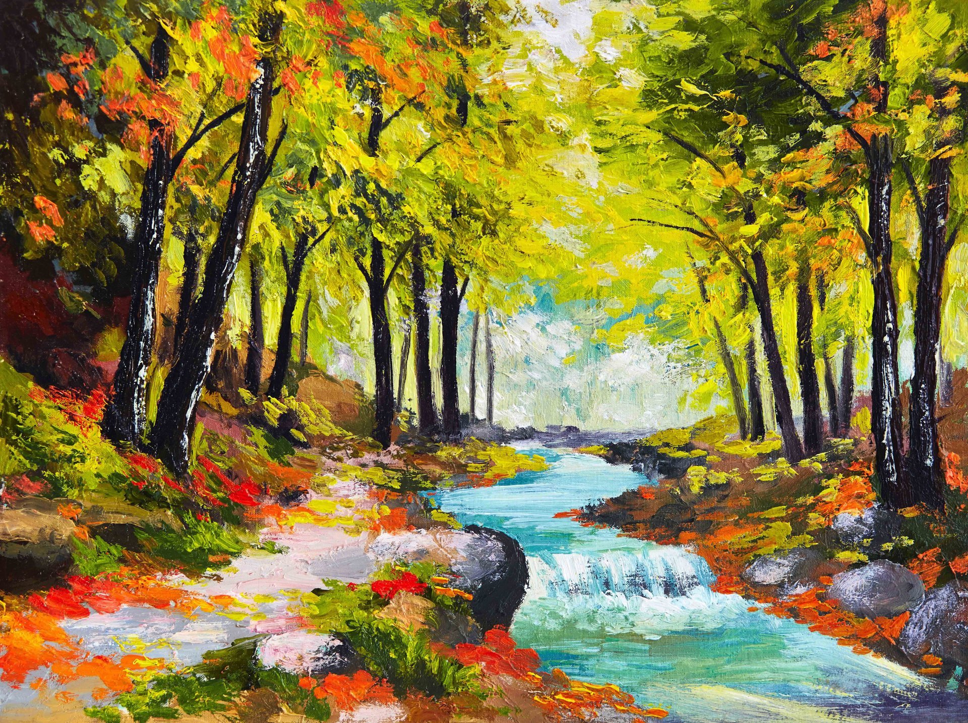 art painting pattern seasons river autumn forest colored paint nature strokes canvas oil