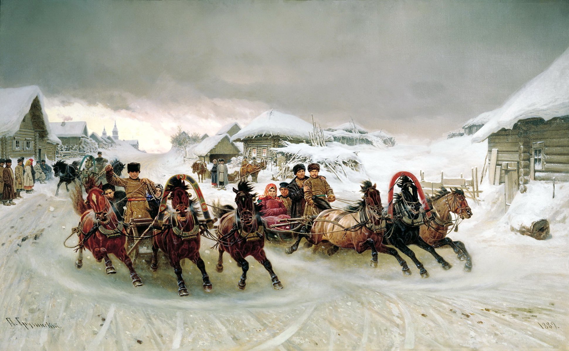 pintura georgiano carnaval pintura vacaciones tres caballos nieve trineo personas casas chozas cielo