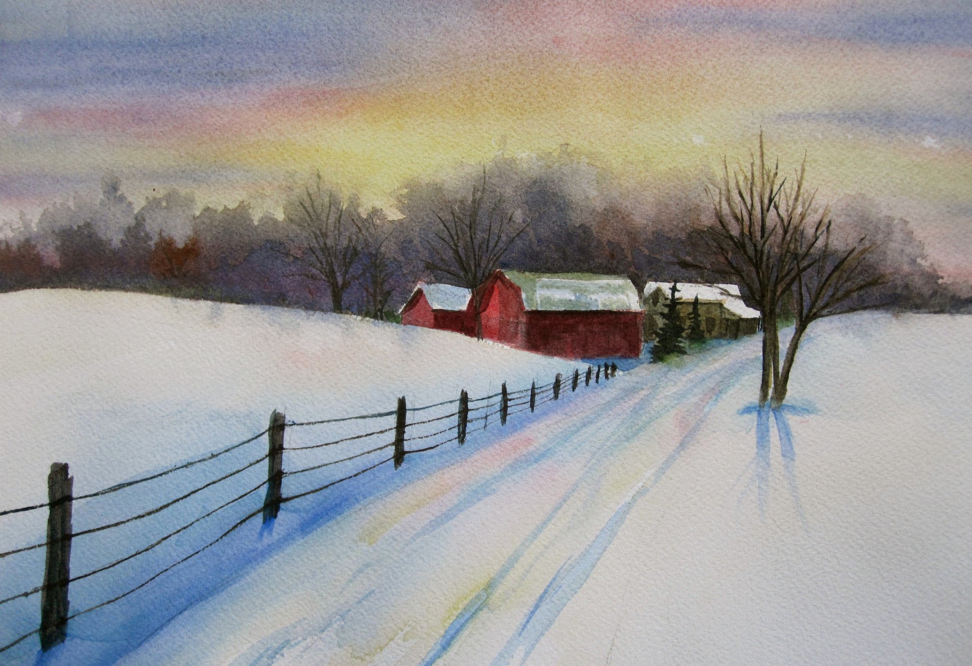 malerei landschaft aquarell himmel winter häuser bäume zaun schnee