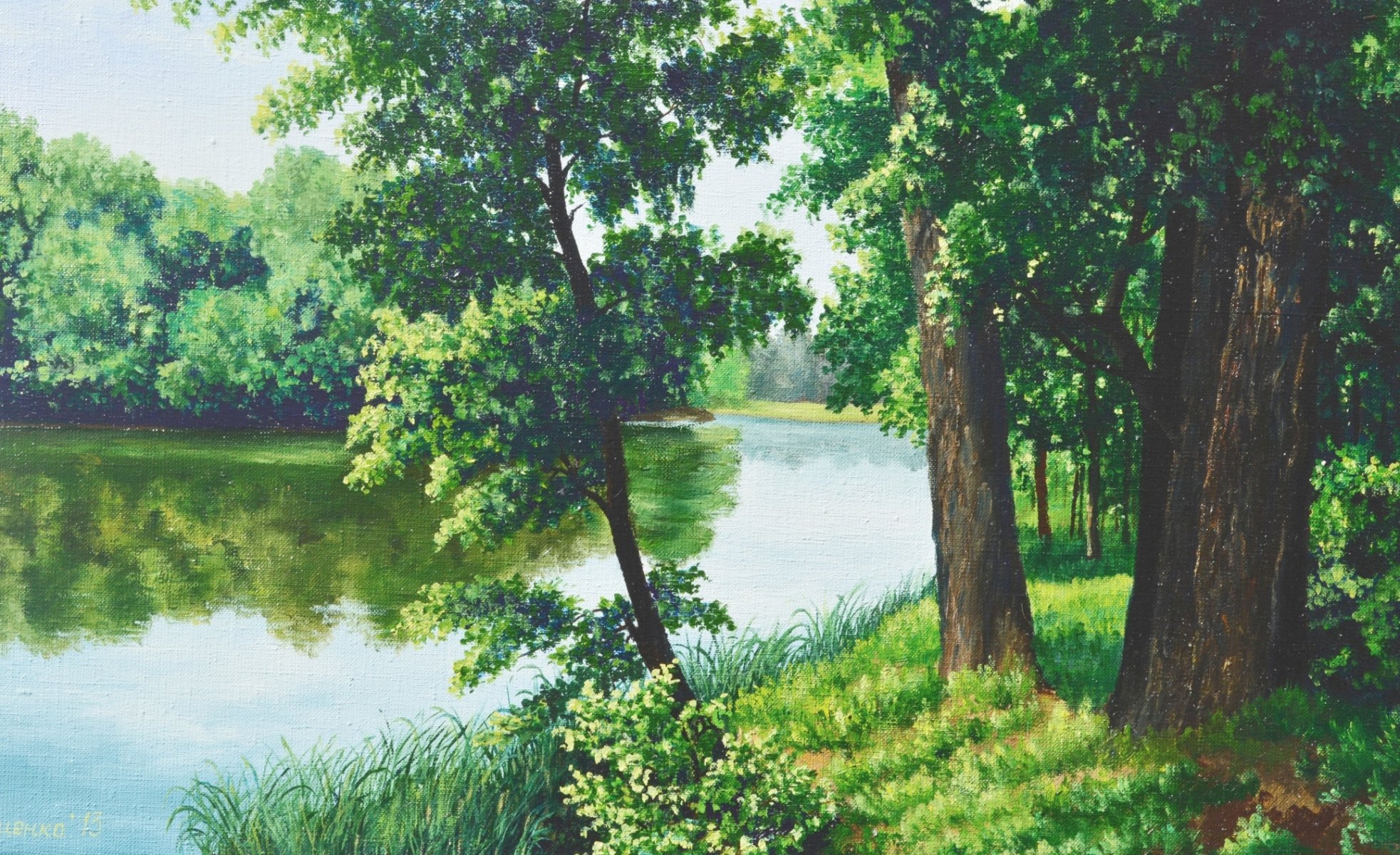 painting lutsenko cool pattern summer tree forest lake water reeds grass reflection