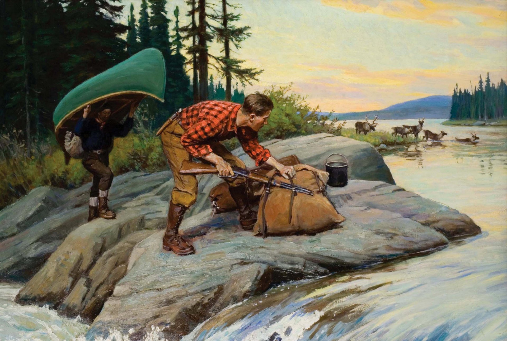 peinture genre paysage chasseur rivière pierres forêt cerfs ciel montagnes