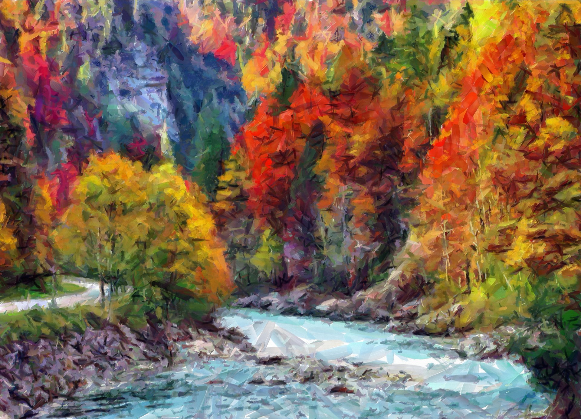 pintura lona paisaje montañas bosque otoño río camino