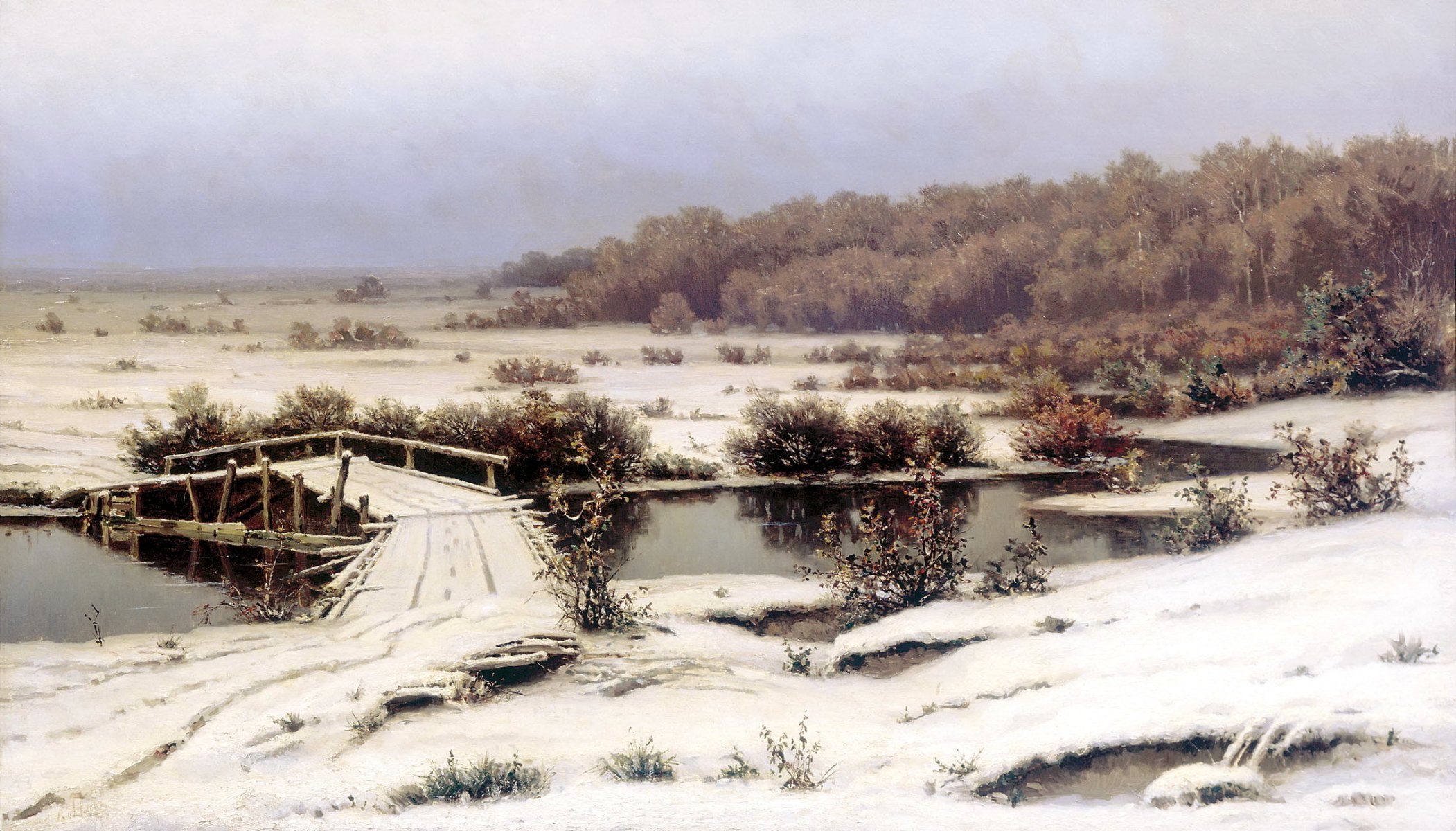 pintura lobos primera nieve pintura lienzo paisaje frío puente río bosque árboles arbustos agua costa cielo