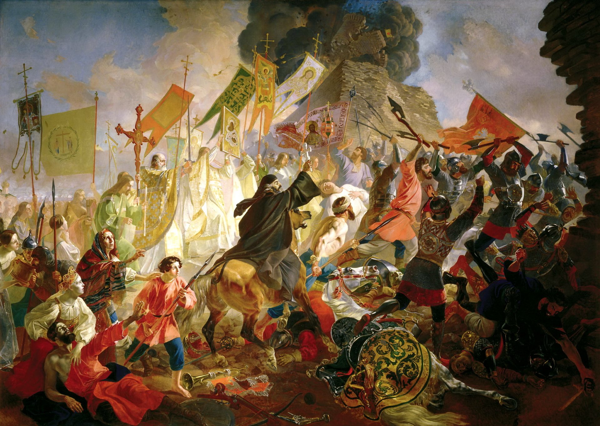 painting karl bryullov the siege of pskov the polish king stefan batory 1581 the situation battle troops people flags banner fortre