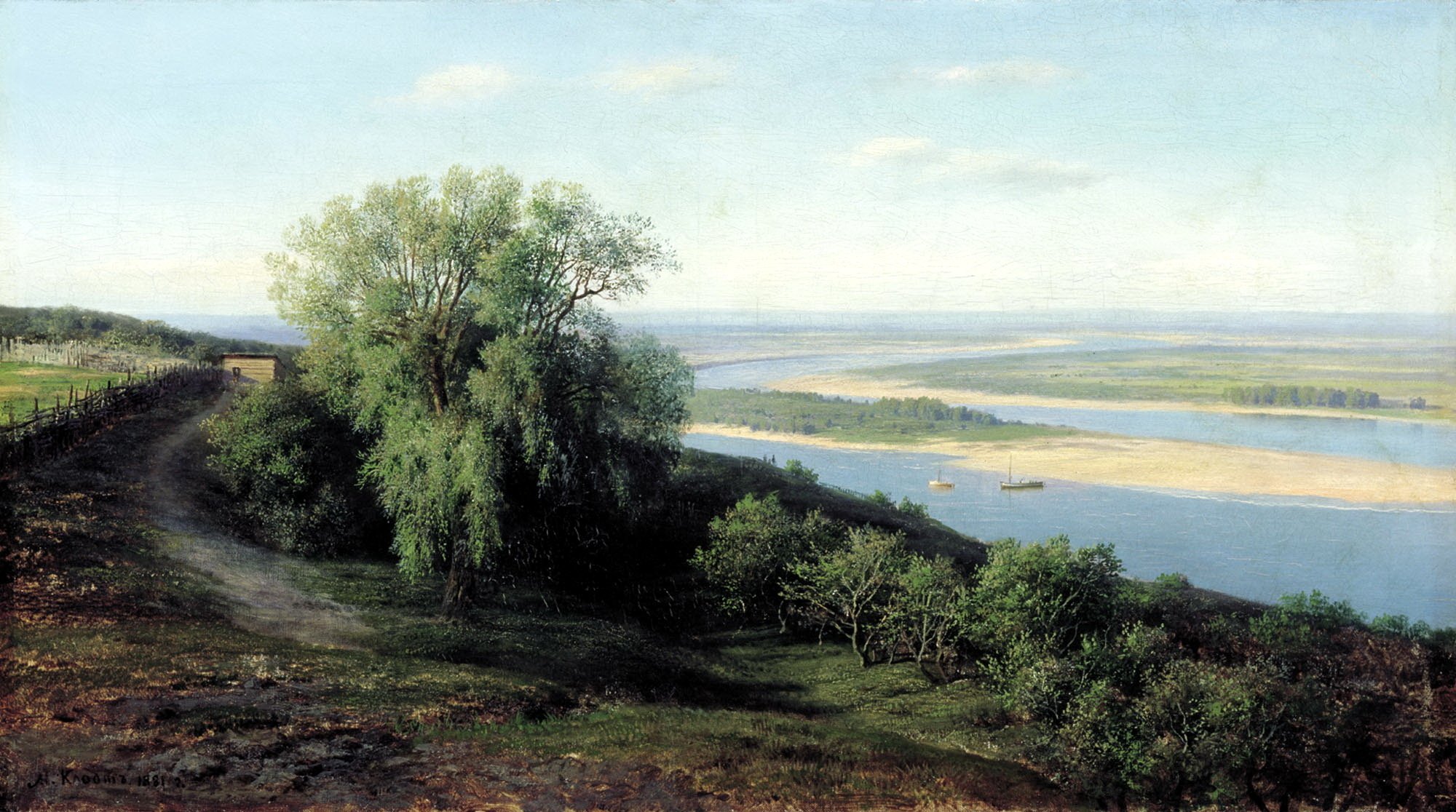 malerei malerei leinwand landschaft wolga bei simbirsk bäume ufer wasser büsche natur maler klodt