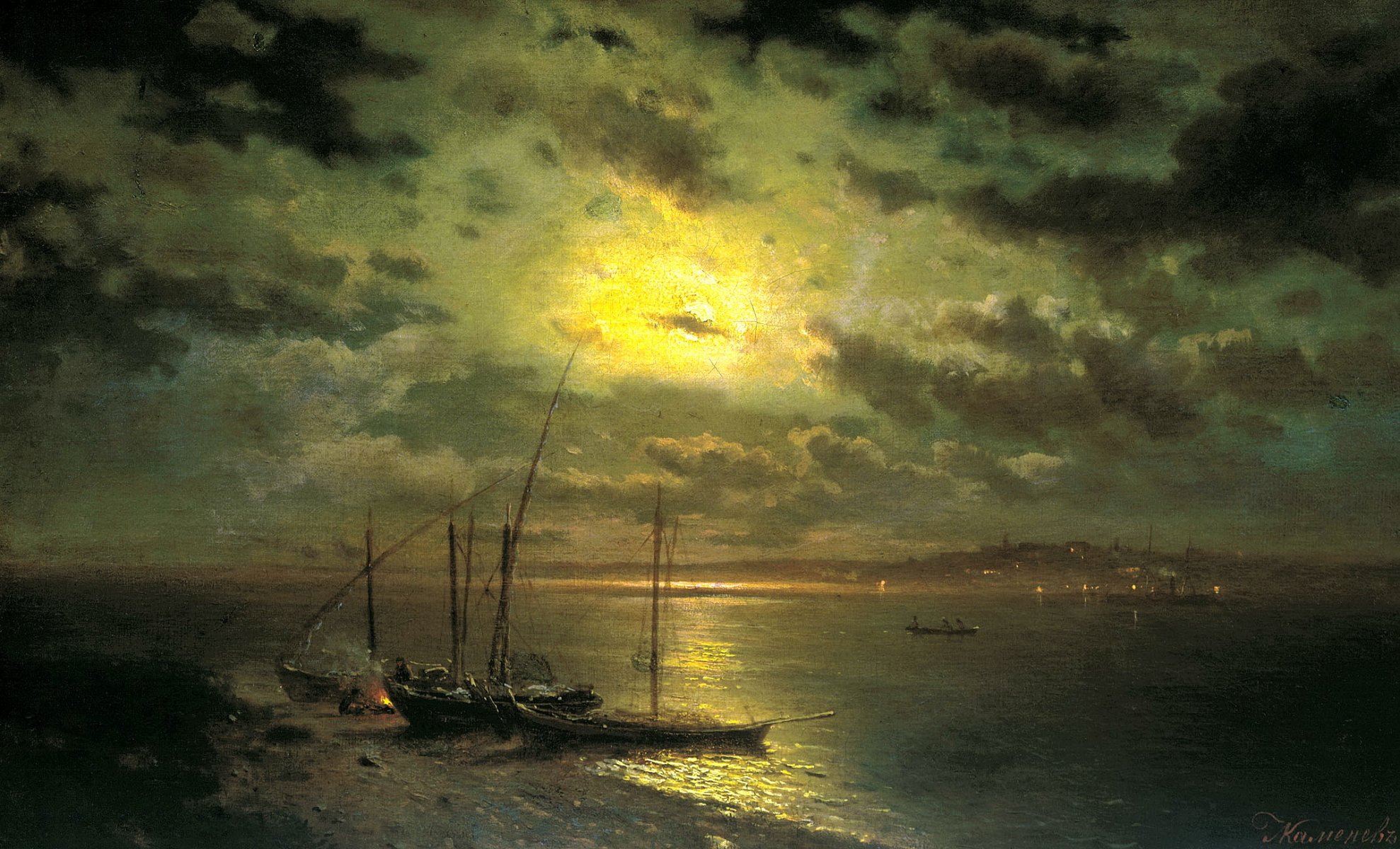 peinture kamenev nuit de lune sur la rivière peinture rive bateaux eau ciel nuages