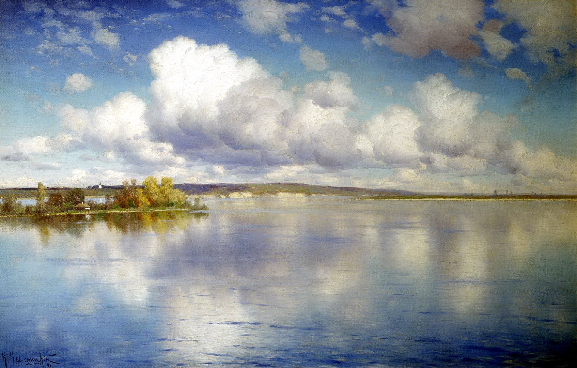 pintura kryzhitsky lago pintura paisaje agua orilla árboles cielo nubes reflexión