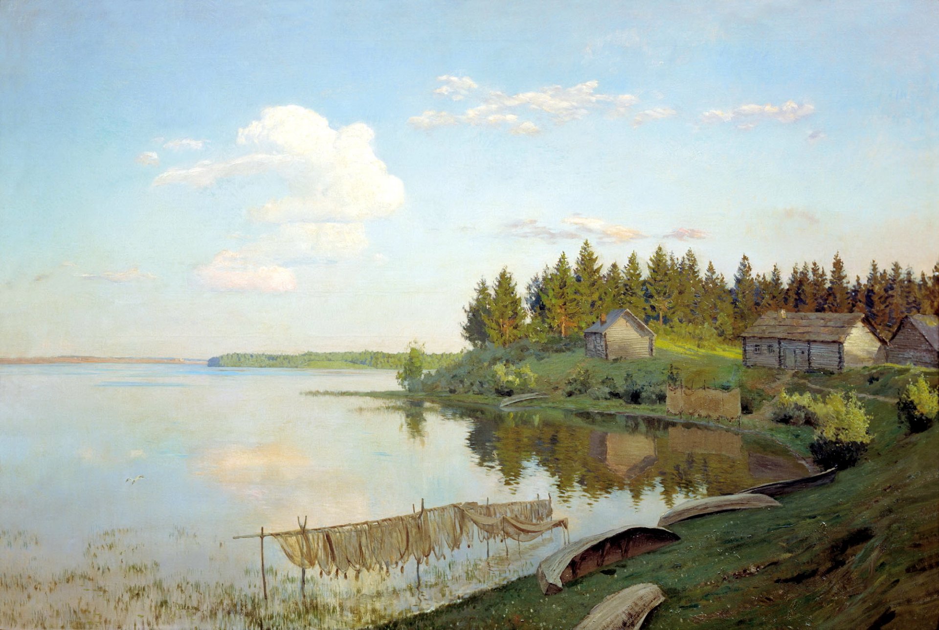 pittura levitan isaac sul lago paesaggio natura acqua riva barche reti cielo