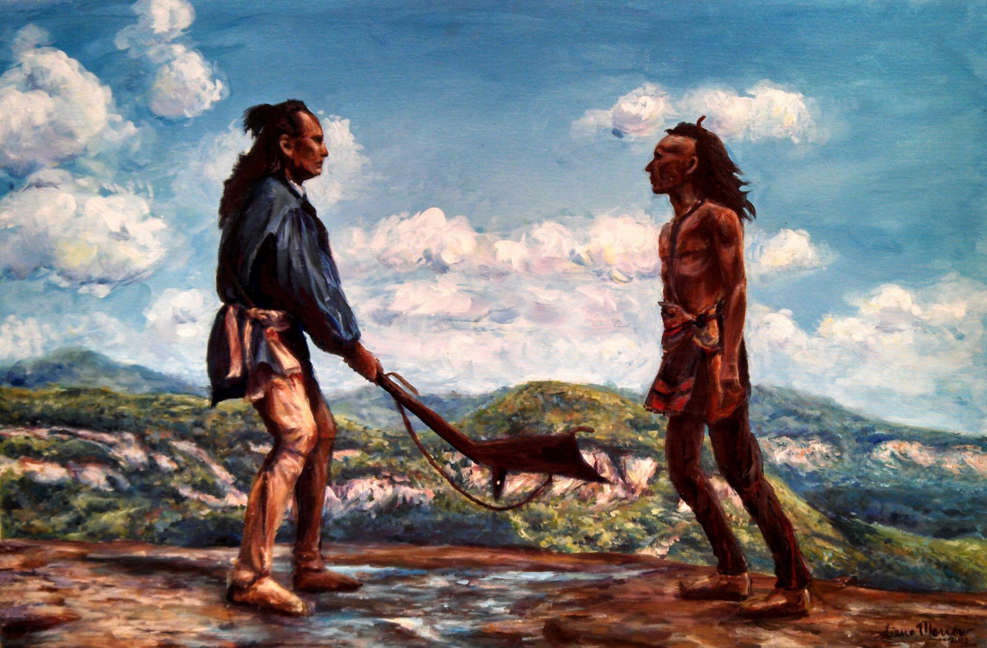 el último de los mohicanos duelo indios rocas nubes cielo dibujo