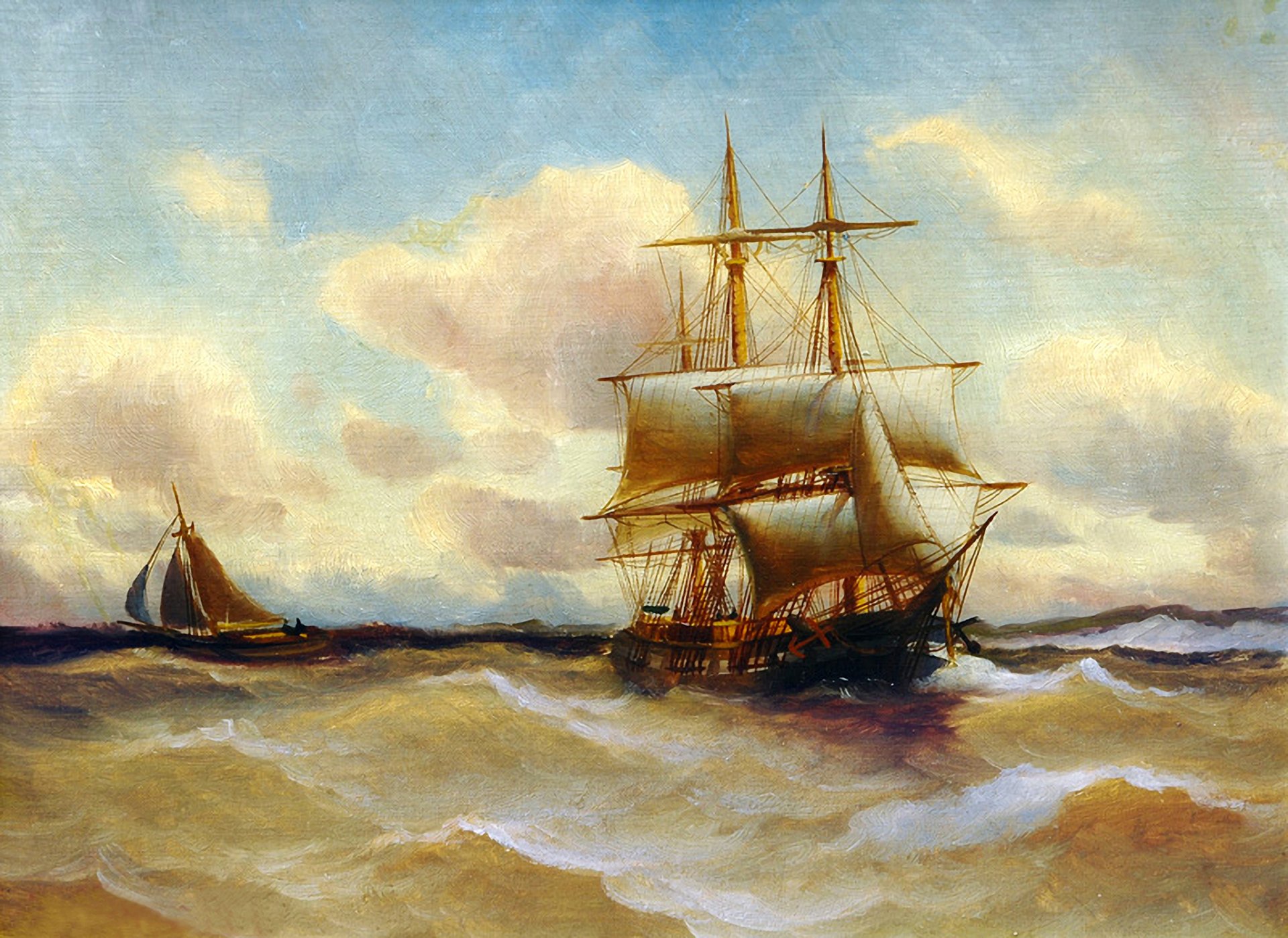 alfred jansen peinture paysage mer ciel navire voile bateau vagues tempête