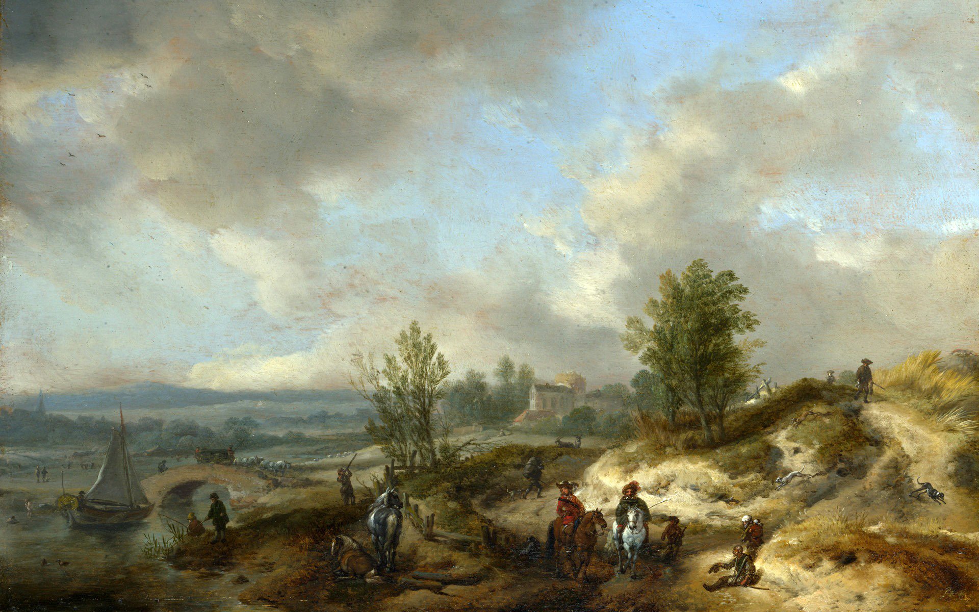 peinture paysage collines personnes cheval cavalier bateau rivière pont