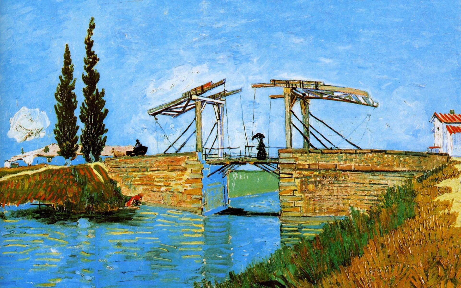 vincent van gogh langlois brücke in arles mit frauen waschen bild himmel brücke kanal bäume mädchen häuser