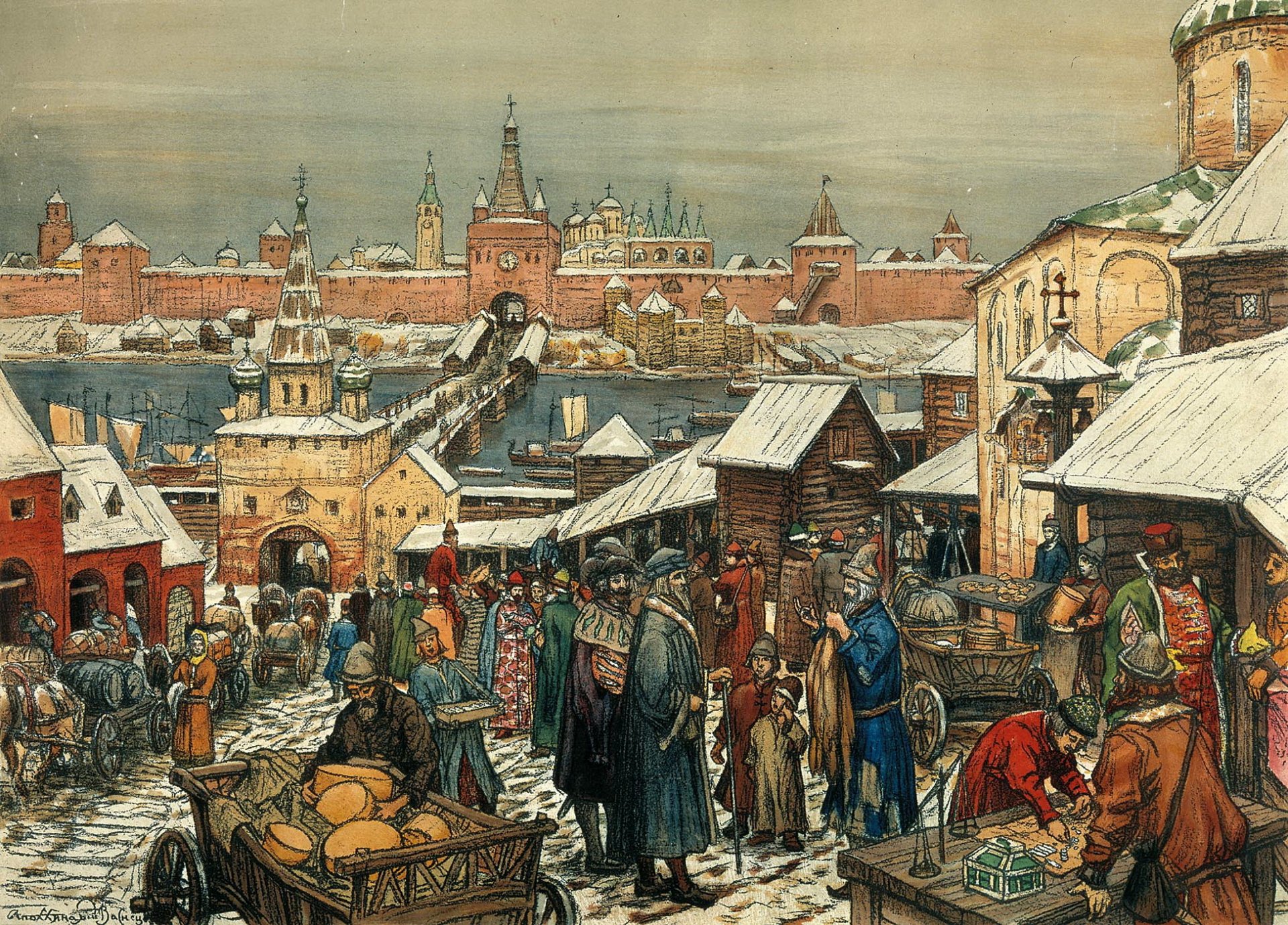 painting vasnetsov apollinaris novgorod bargaining pattern canvas people merchants sale item the kremlin buildings wagon train bridge river