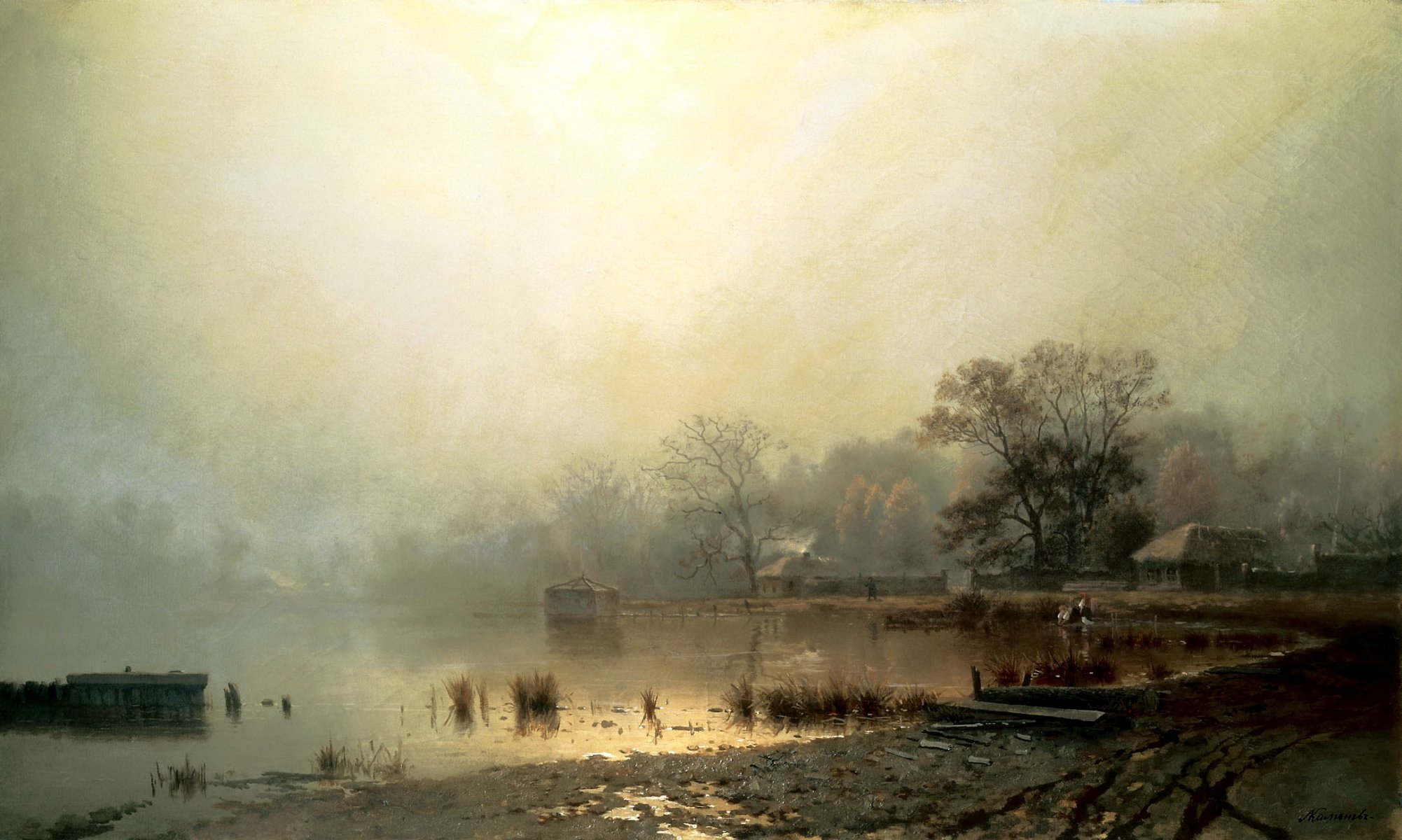 pittura nebbia pittura autunno acqua riva alberi pietra