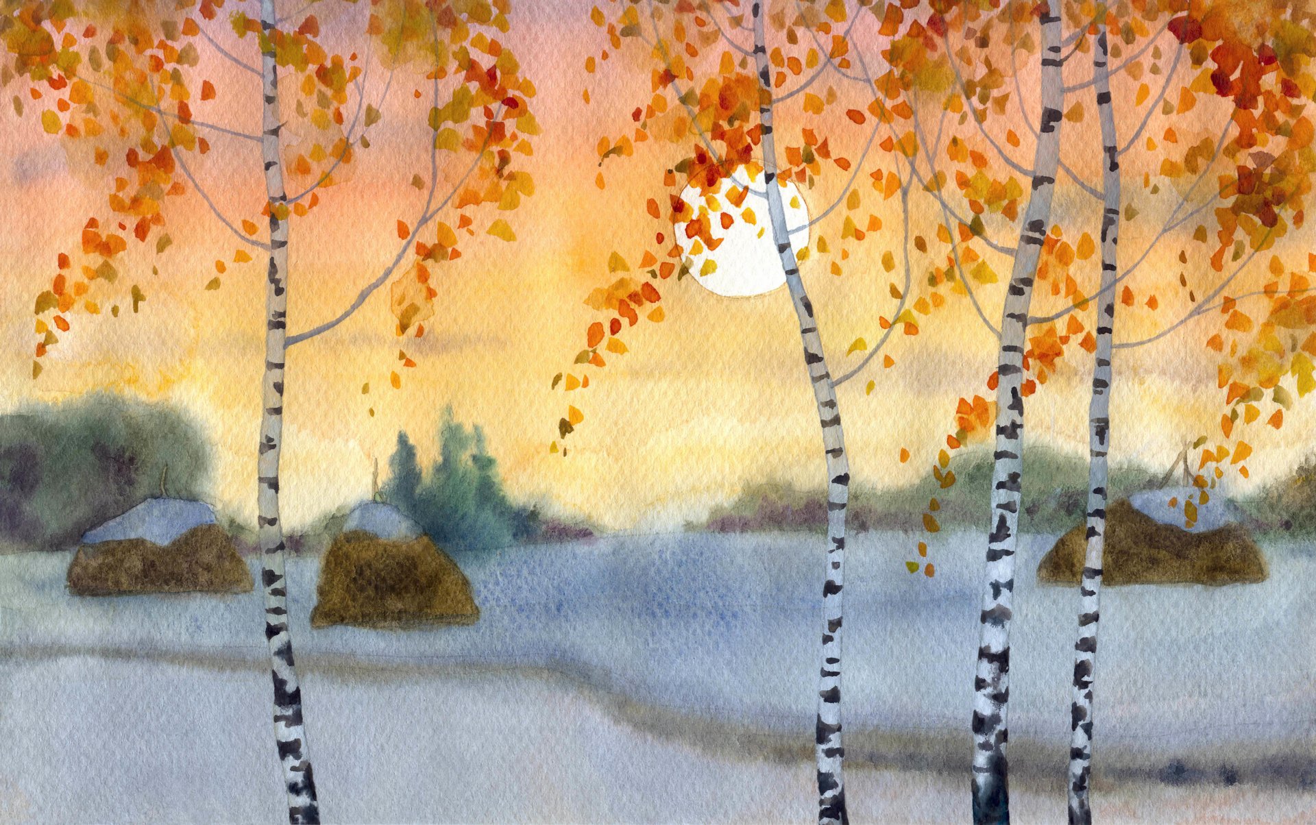 art painting pattern seasons early parish winter yellowed leaves snow the field visible trail paint strokes pencils watercolor