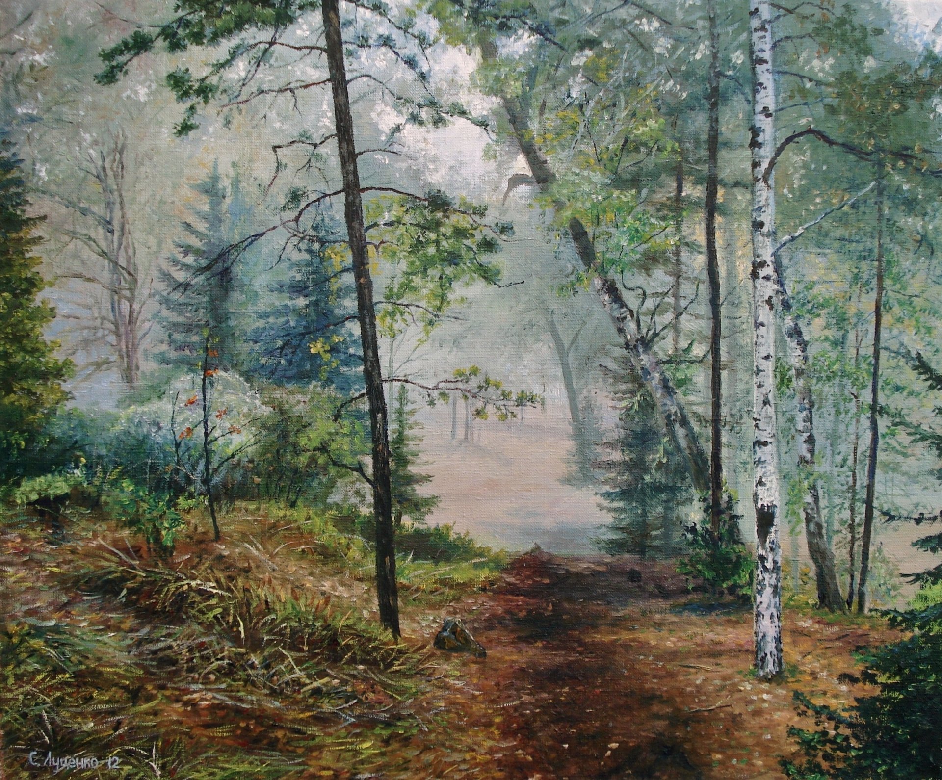 painting lutsenko morning wood pattern nature landscape fog path